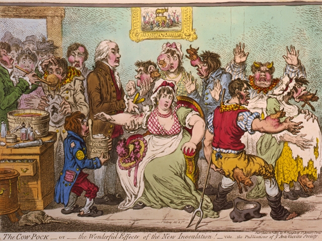 Karikatur zu Impfgegnern, die befürchteten, durch die Pockenimpfung zu Kühen zu werden (1802)